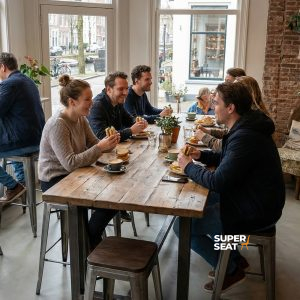 Super-Seat | Lix barkrukken metaal vintage hout | Metaal-houten barkrukken, houten tafels bij ramen; groenplanten; zicht op kanaal buiten. | Horecameubilair