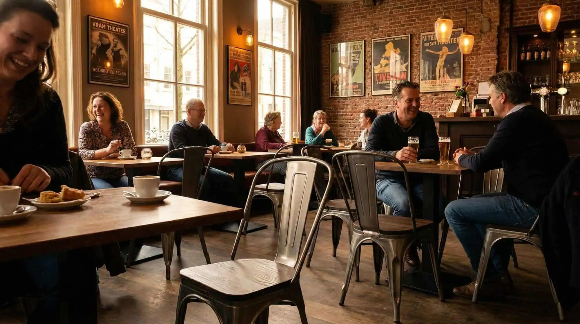 Super-Seat | Lix stoelen metaal vintage hout | Mensen zitten op vintage metalen en houten Lix stoelen rond houten tafels in sfeervol café. | Horecameubilair