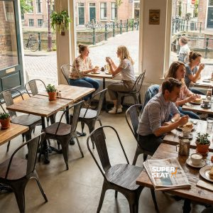 Super-Seat | Lix stoelen metaal vintage hout | Lichte, houten tafels en metalen stoelen, barkrukken en planten in gezellig café met ramen. | Horecameubilair