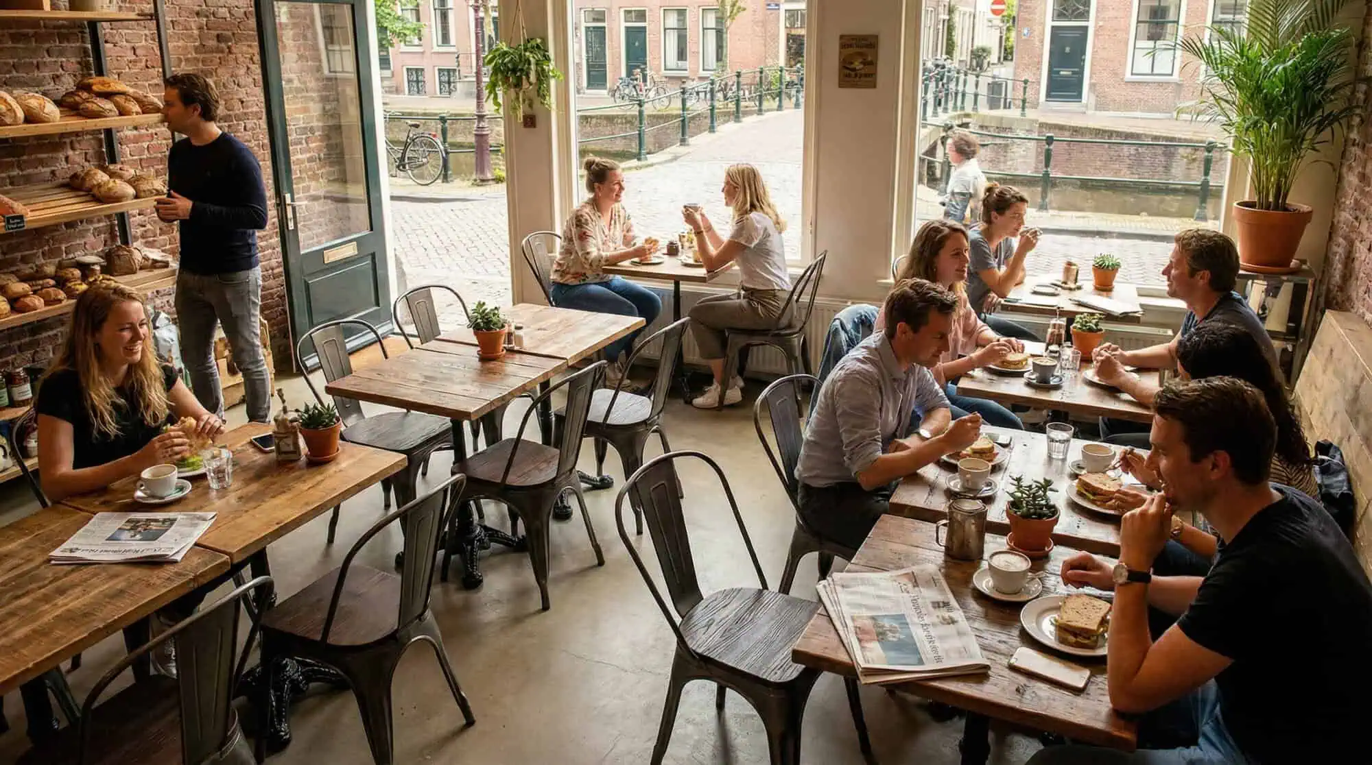 Super-Seat | Lix stoelen metaal vintage hout | Lichte, houten tafels en metalen stoelen, barkrukken en planten in gezellig café met ramen. | Horecameubilair
