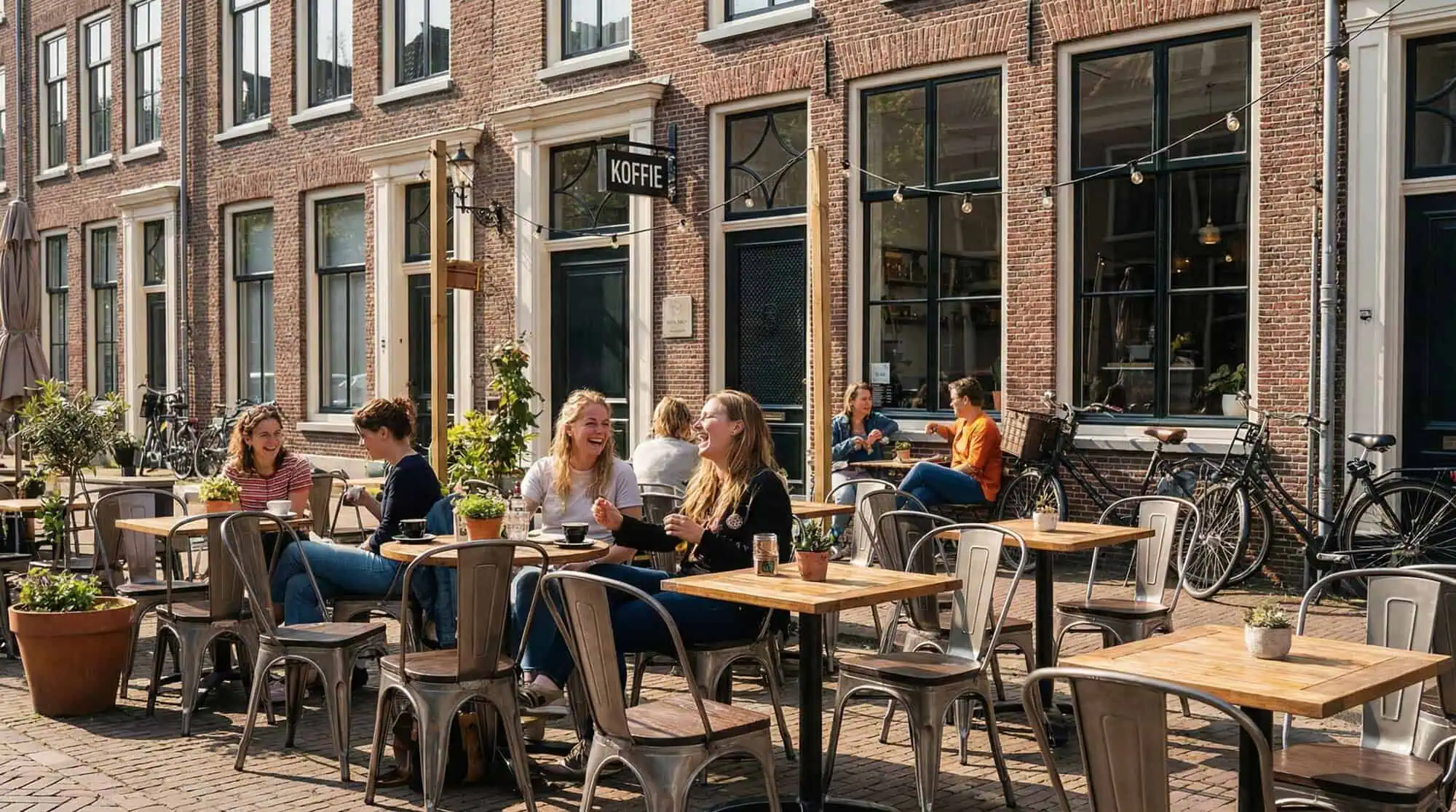 Super-Seat | Zwarte metalen Lix stoelen en vintage houten tafels bij café Koffie, op straat met planten en fietsen. | Horecameubilair