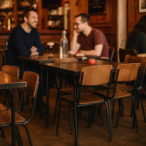 Super-Seat | Vanitas vintage schulstühle bruin | Twee mannen aan houten tafel, bruine stoelen, glazen fles op tafel, omringd door houten meubels. | Horecameubilair