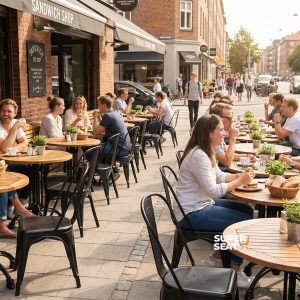 Super-Seat | Zwarte metallalen Lix stapelstoelen en houten ronde tafels op zonnig terras, stadsdrukte. | Horecameubilair