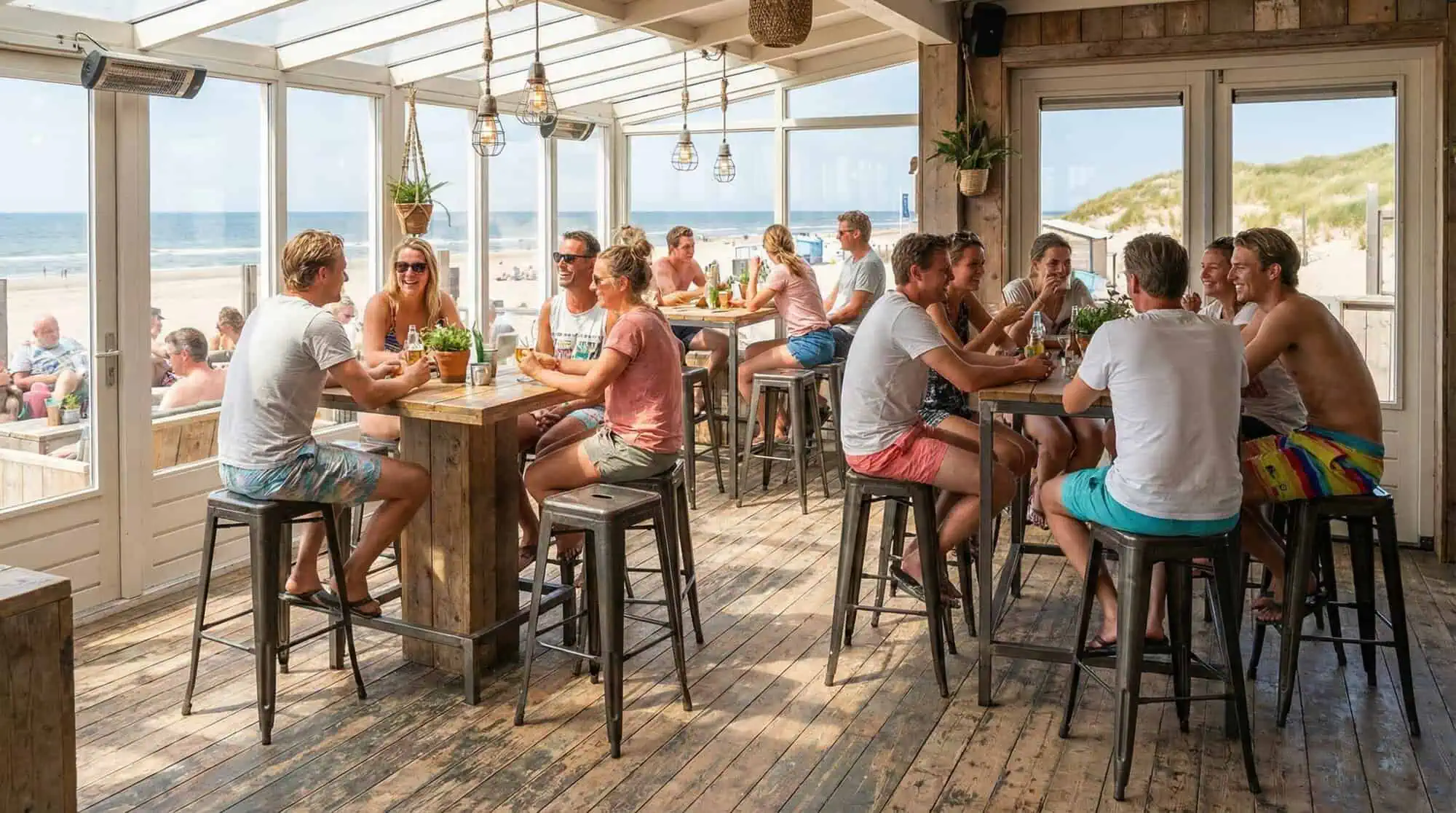 Super-Seat | Strandpaviljoen Interieur Houten tafels, metalen Lix barkrukken, veel licht, uitzicht op duinen en zee in zonnig café. | Horecameubilair