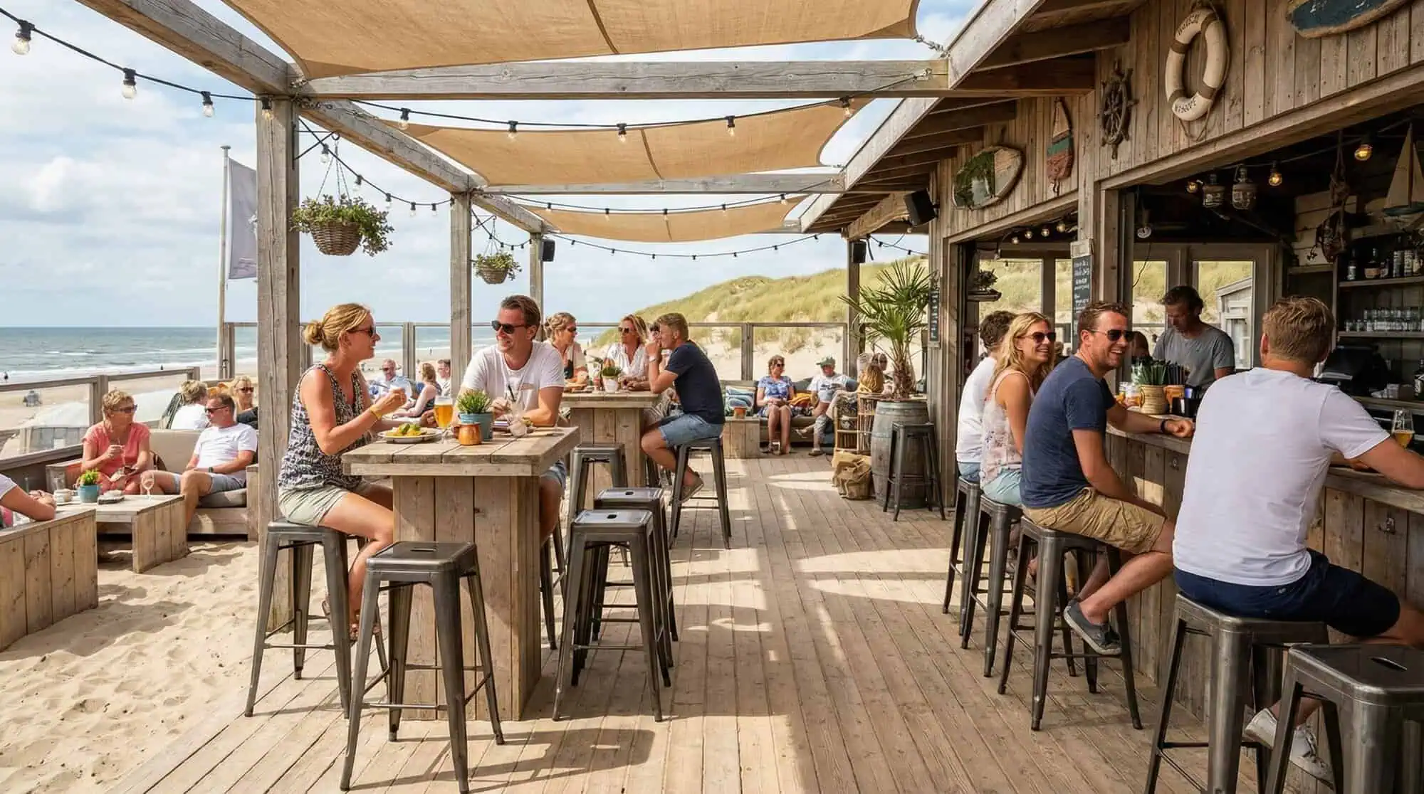 Super-Seat | Houten tafels, metalen vintage barkrukken; zand en zee op achtergrond, deels bewolkte lucht. | Horecameubilair