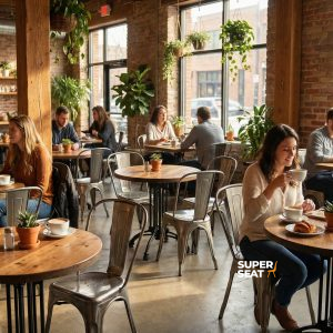 Super-Seat | Lix (terras) stapelstoelen vintage metaal bij houten tafels; lichte café, bakstenen muren, veel planten, stoer decor. | Horecameubilair