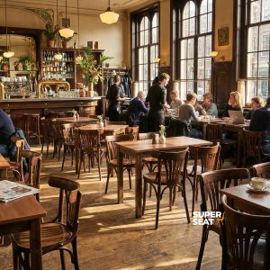 Super-Seat | Holztische, schwarze Metallfüße, Menschen beim Essen, Sonnenlicht und Pflanzen in der Vitrine. | Catering Möbel
