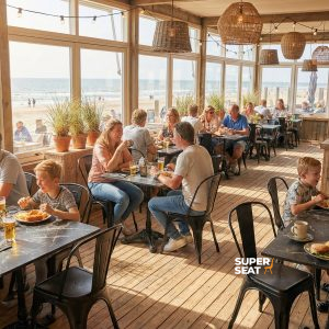 Super-Seat | Gusseisen 3 Teens (Patio) Tischbasen Paris schwarz Schwarzer Gusseisentisch, leichte Stühle, Strand- und Meerblick. | Catering Möbel