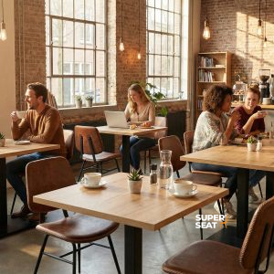 Super-Seat | Schwarze Metalltische, Holztische, Stühle, Backsteinwände, großes Fenster. | Catering Möbel