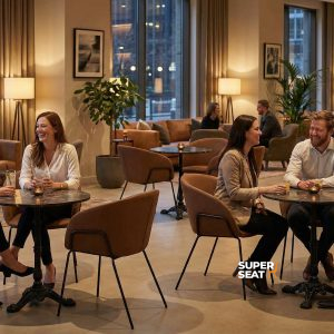 Super-Seat |Modern Lounge| Schwarze gusseiserne Tische und Stühle, warme Lounge, Holz und Metall, große Fenster und Bücherregale. | Catering Möbel