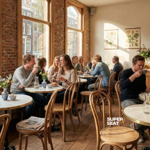 Super-Seat | Design Bistro Table Frames Black | Holzstühle, runde schwarze Tische, große Fenster und Pflanzen schmücken das sonnige Café. | Catering Möbel