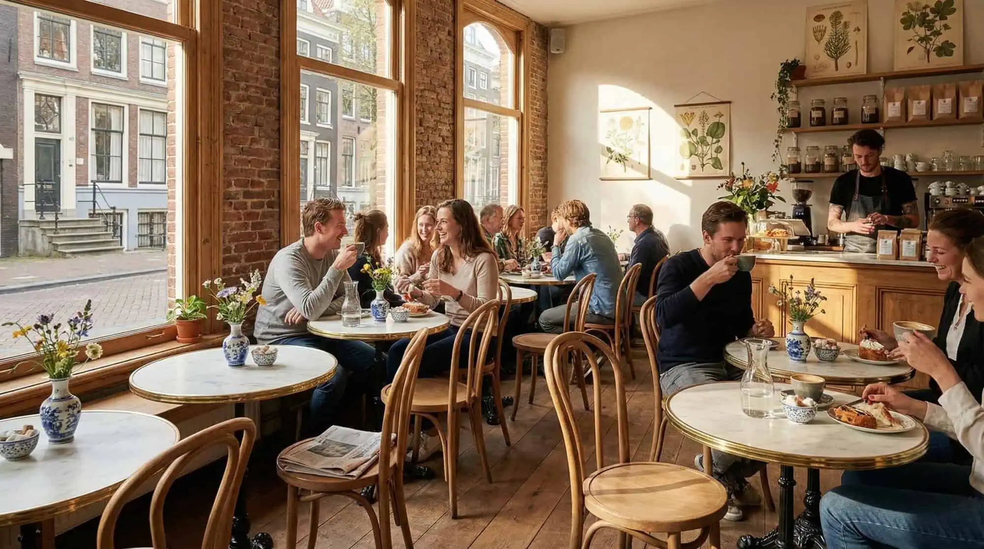 Super-Seat | Design Bistro Table Frames Black | Holzstühle, runde schwarze Tische, große Fenster und Pflanzen schmücken das sonnige Café. | Catering Möbel