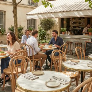 Super-Seat | Bistrotische | Außencafé mit schwarzen Metalltischen, Holzstühlen; leere Tische mit Servietten, Besteck. | Catering Möbel