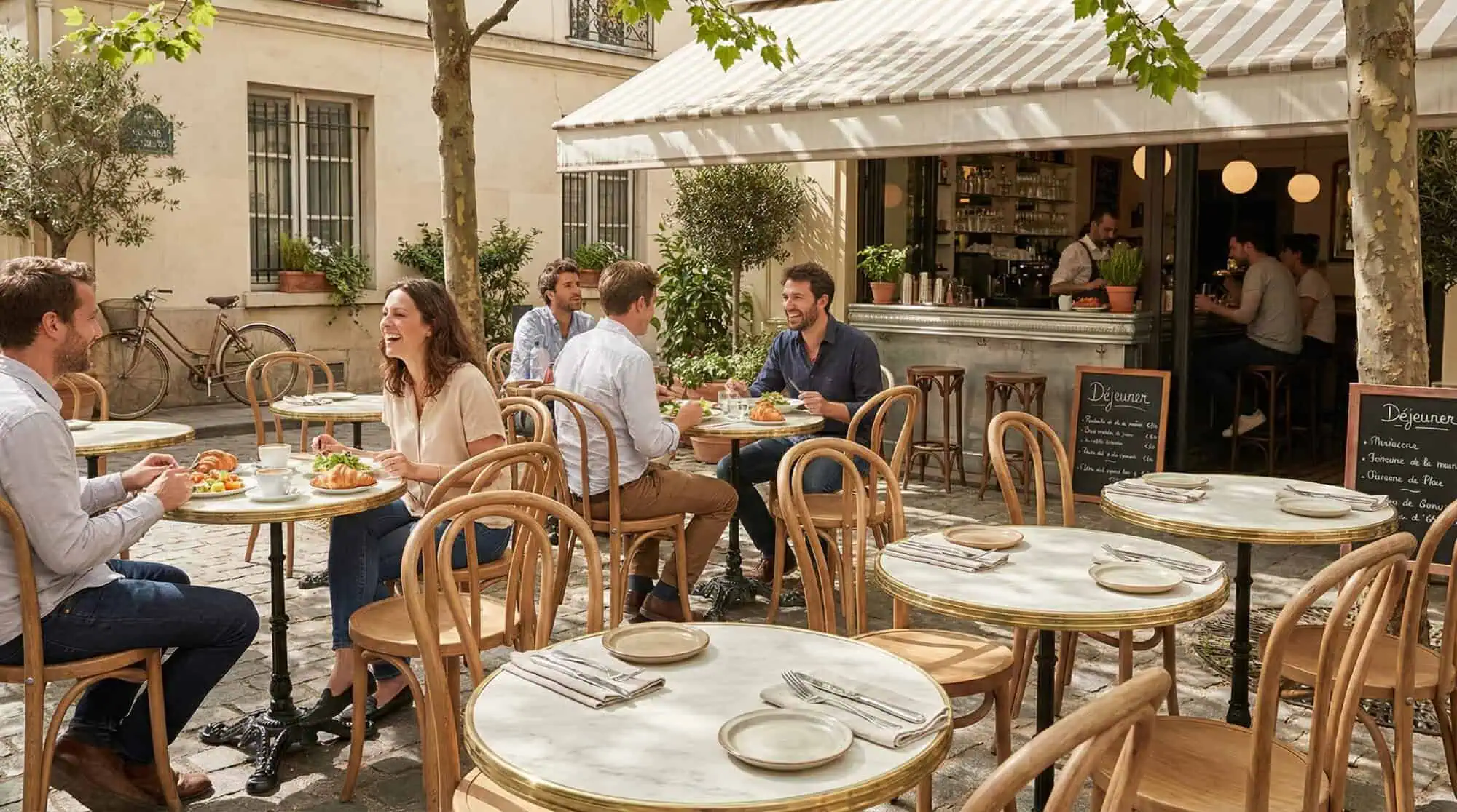 Super-Seat | Bistrotische | Außencafé mit schwarzen Metalltischen, Holzstühlen; leere Tische mit Servietten, Besteck. | Catering Möbel