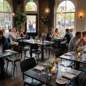 Super-Seat | Rietveld industriele schoolstoelen zwart / zwart | Zwarte metalen stoelen en tafels met glazen, planten, veel licht, grote ramen. | Horecameubilair