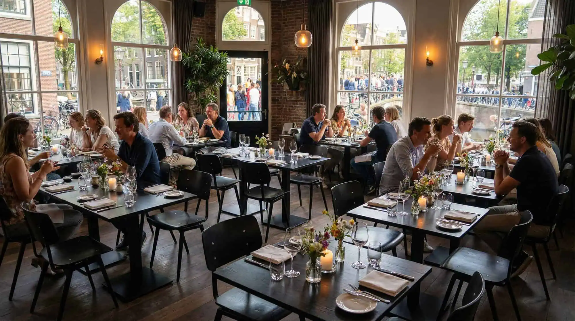 Super-Seat | Rietveld Industrie-Schulstühle schwarz / schwarz | Schwarze Metallstühle und Tische mit Gläsern, Pflanzen, viel Licht, große Fenster. | Catering Möbel