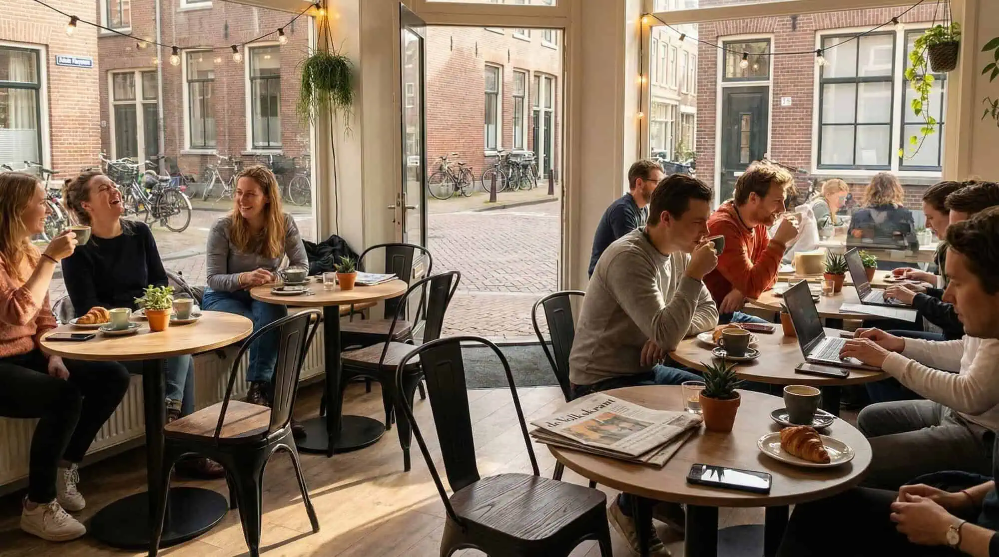 Super-Seat | Lix Chairs Vintage Black Wood | Schwarze Holzstühle von Lix, Holztische, Barhocker und Pflanzen in einer warmen Cafe-Einrichtung. | Catering Möbel