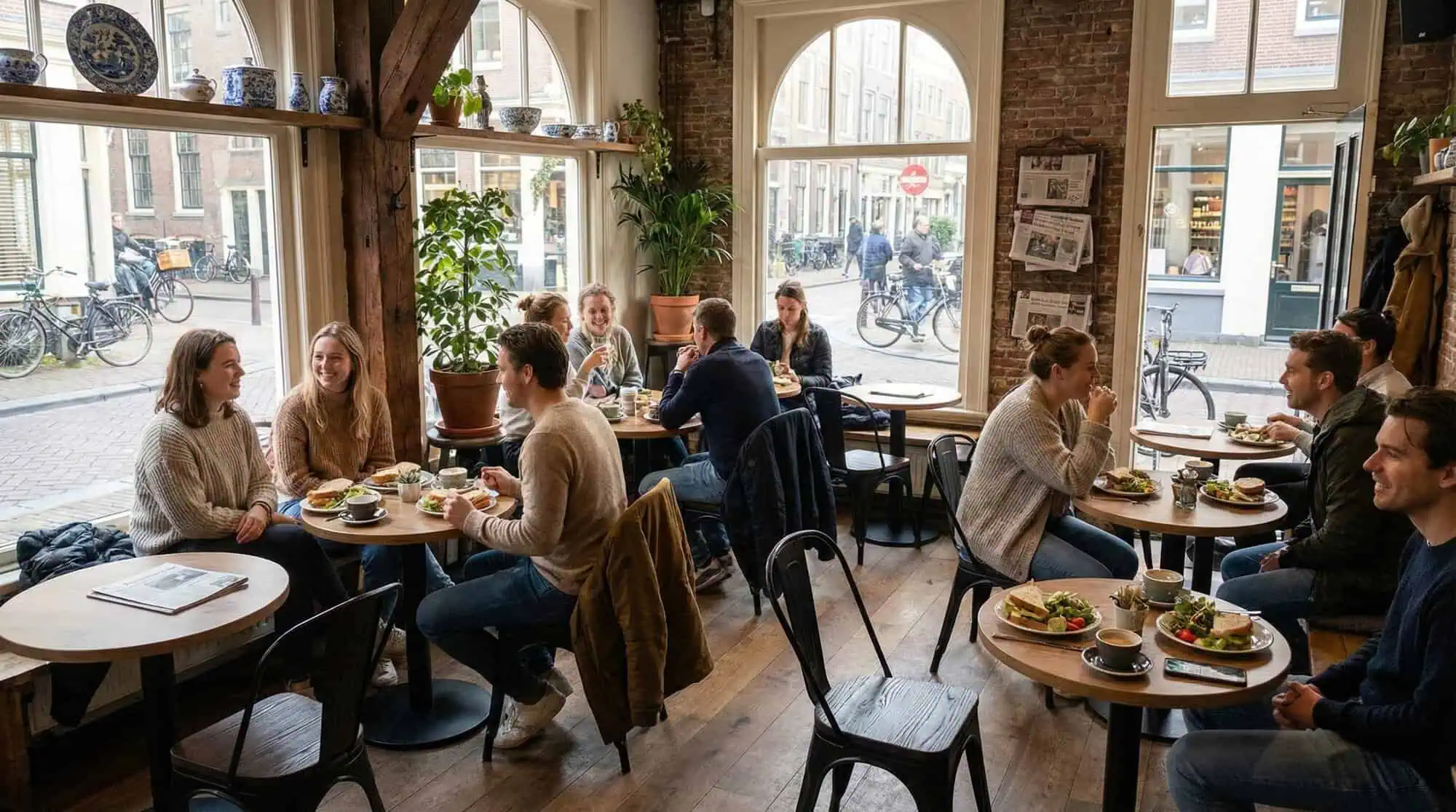 Super-Seat | Lix Stühle vintage matt Black wood | Lix Stühle und Tische aus schwarzem Holz, schwarzer Holzboden, helle Café-Atmosphäre mit großen Fenstern. | Catering Möbel
