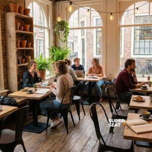 Super-Seat | Vintage Lix Stühle matt Schwarzes Holz Holztische und schwarze Metallstühle in einem Café mit Backsteinwänden, großen Fenstern, Pflanzen. | Catering Möbel
