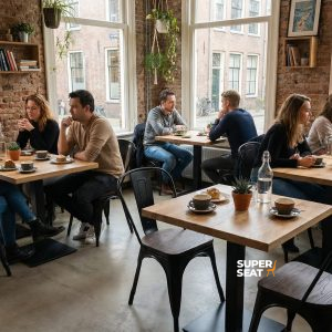 Super-Seat | Holztische und mattschwarze Lix-Stühle, Menschen sitzen und unterhalten sich in einem hellen, modernen Raum. | Catering Möbel