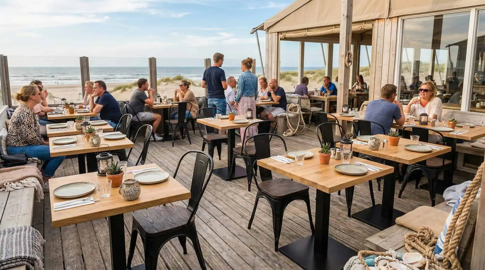 Super-Seat | Lix Stühle vintage matt Schwarzes Holz | Vintage Holztische und schwarze Metall Lix Stühle auf Strandterrasse mit Meerblick. | Catering Möbel