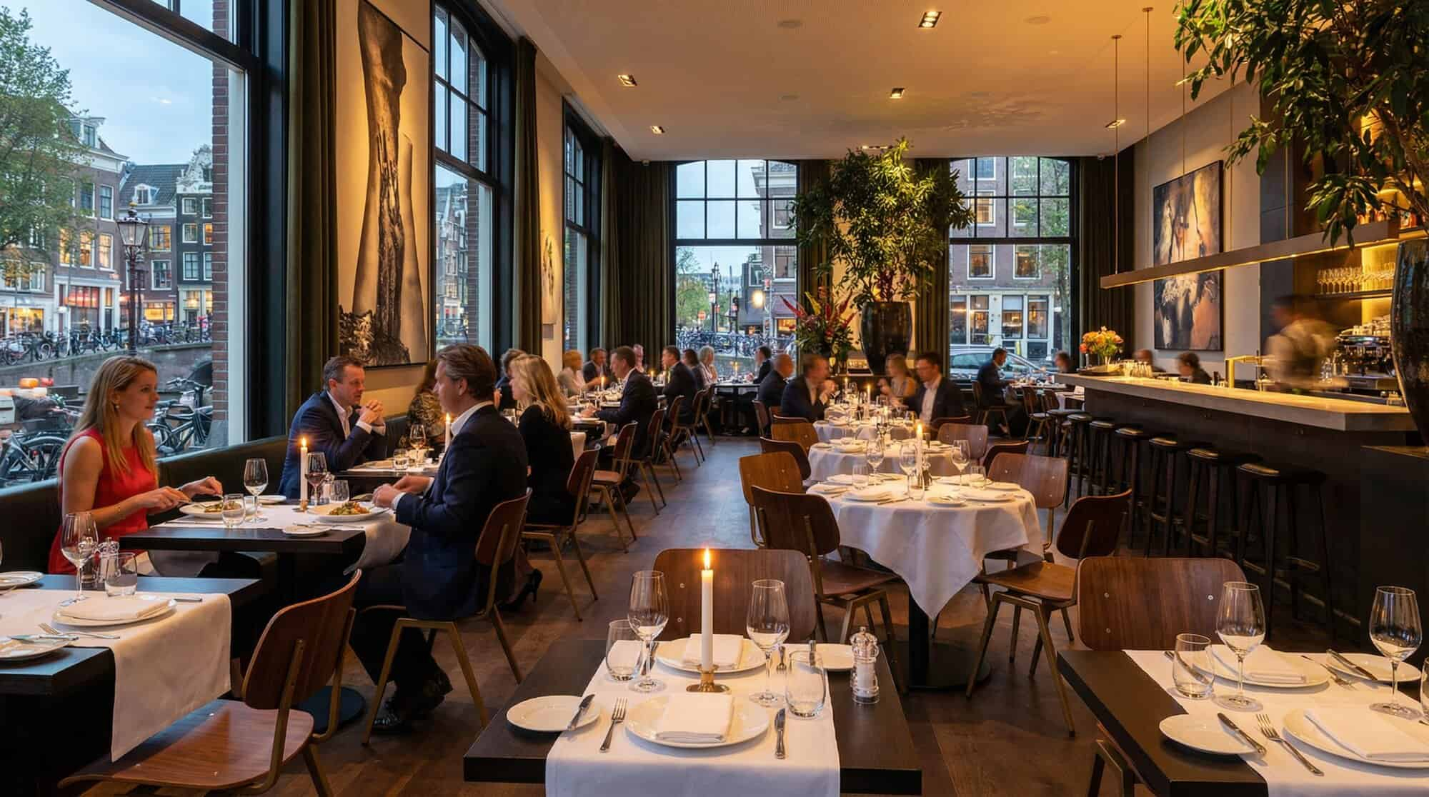 Super-Seat | Rietveld industriële schoolstoelen bruin/oker | Stoelen van bruin/oker metaal, tafels met linnen, modern interieur, grote ramen. | Horecameubilair