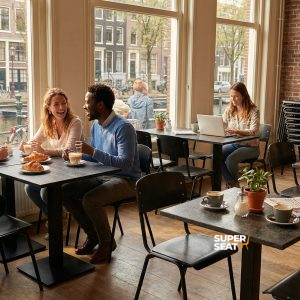 Super-Seat | Cafe Meubilair Overzicht | Zwarte Vanitas vintage schoolstoelen en gestapelde zwarte stoelen rond houten tafels in een licht café. | Horecameubilair