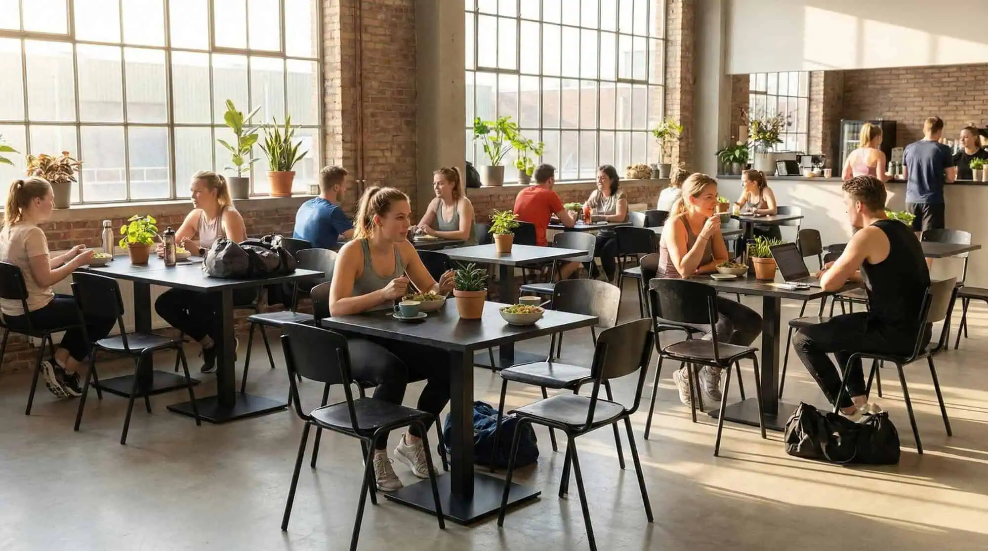 Super-Seat | Schwarze Stahlstühle, Holztische, Backsteinwände und viel Licht im Café. | Catering Möbel