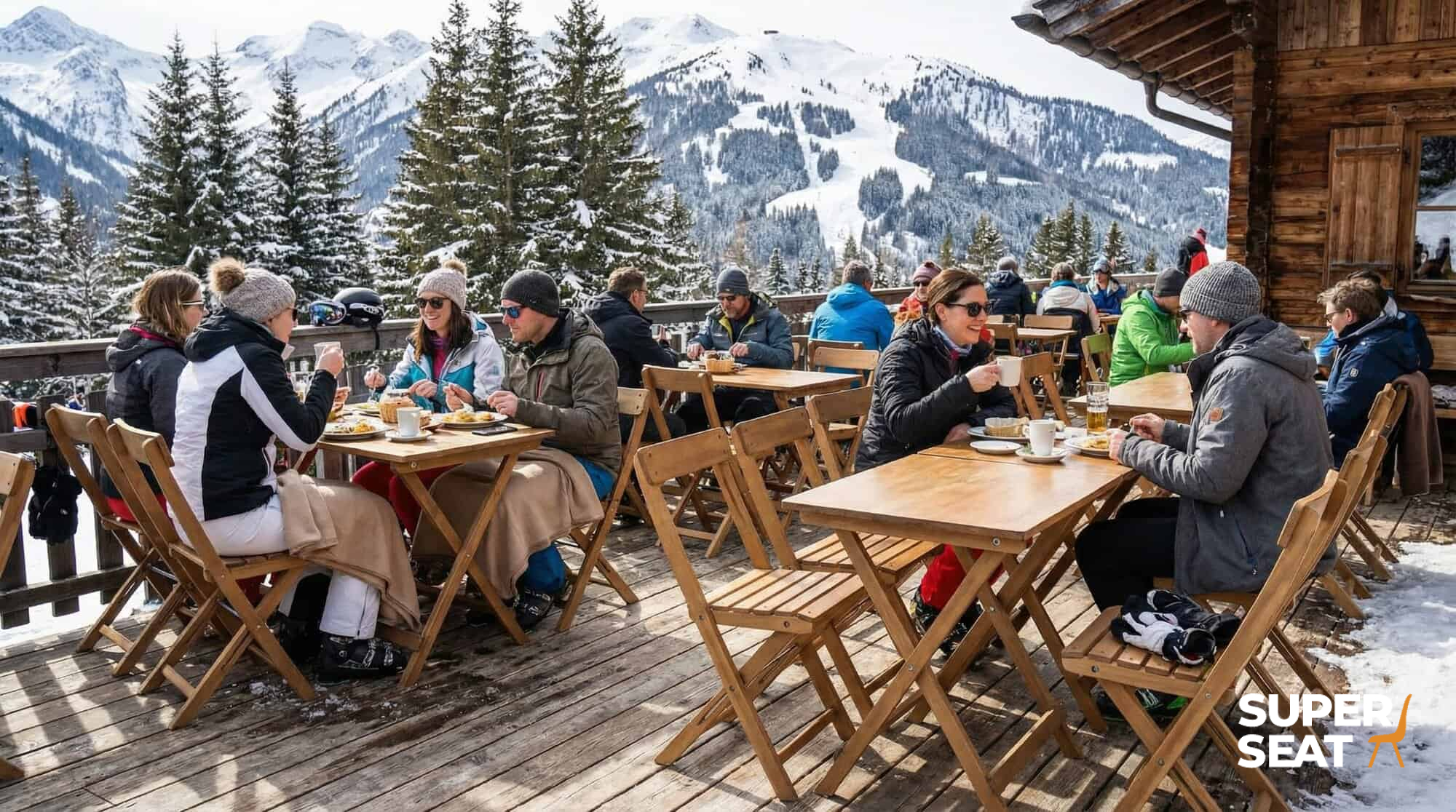 Super-Seat | Klapptische und -stühle aus Holz auf einer verschneiten Terrasse, Menschen in Winterkleidung, die sich amüsieren. | Catering Möbel