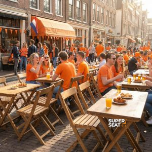 Super-Seat | Vintage Holz Bistro (Terrasse) Klapptische Parade 80x60cm Orangefarbene Hemden, Holztische, Metallstühle Outdoor-Café auf Ziegeln. | Catering Möbel