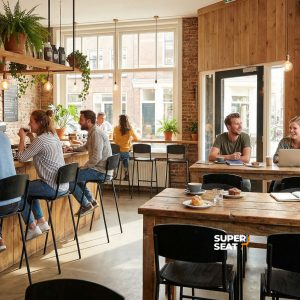 Super-Seat | Mensen | Zwarte Vanitas barkrukken aan houten toonbank, houten tafels & stoelen, veel licht, groene planten, modern sfeer. | Horecameubilair