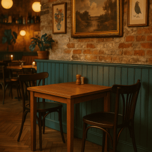 Super-Seat | Kleiner Holztisch & 2 Thon Bugholz Café Stühle | Houten tafel, 2 donkerbruine gebogen houten stoelen, bakstenen & teal muur. | Horecameubilair