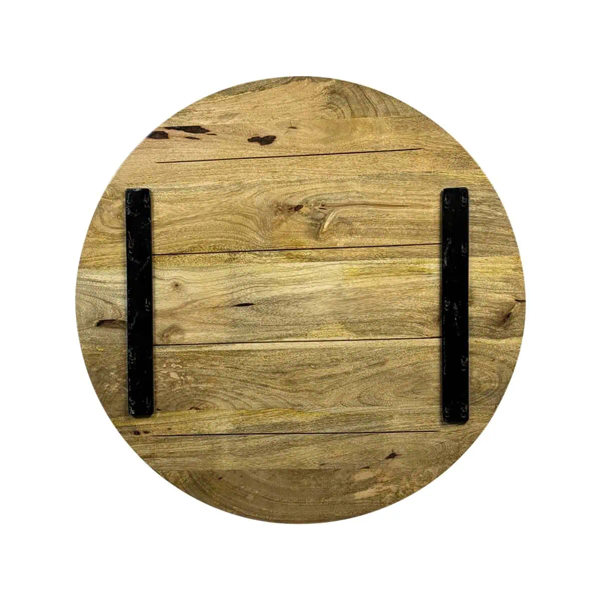 Super-Seat |Runde Tischplatte aus Mangoholz 70cm| Natürliches Finish, zwei schwarze Metallstangen, fotografiert auf weiß. | Catering Möbel