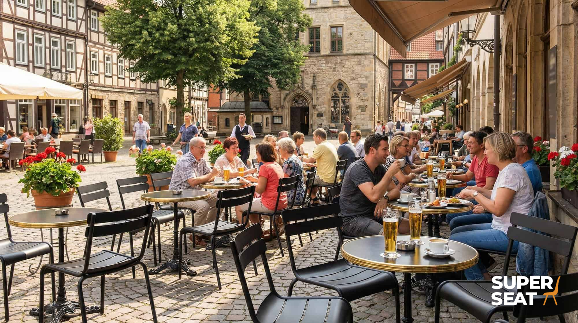 Super-Seat | Luxembourg Hospitality Terrace Chairs Black | Schwarze Stapelstühle aus Metall, Holztische auf Kopfsteinpflaster, inmitten von Blumen und Grünpflanzen. | Catering Möbel