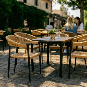 Super-Seat | Prague Terrassenstühle Weiße Korbsessel mit Armlehnen, Holztische, Steinterrasse, Sonnenlicht, zwei Personen. | Catering Möbel