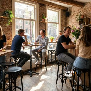 Super-Seat | Schwarze Barhocker aus Holz, Holztische und -stühle in einem Café mit Backsteinwänden und großen Fenstern. | Catering Möbel