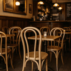 Super-Seat | Stoelen, tafels, barkrukken en meer | Houten stoelen & tafels in natuurkleur bij lege bar, warm verlicht met lampen en kaars. | Horecameubilair