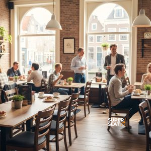 Super-Seat | Thon Bugholzsessel in altem braunen Holz um Holztische; Backsteinwand, Fenster, Pflanzen, entspannte Atmosphäre |. | Catering Möbel