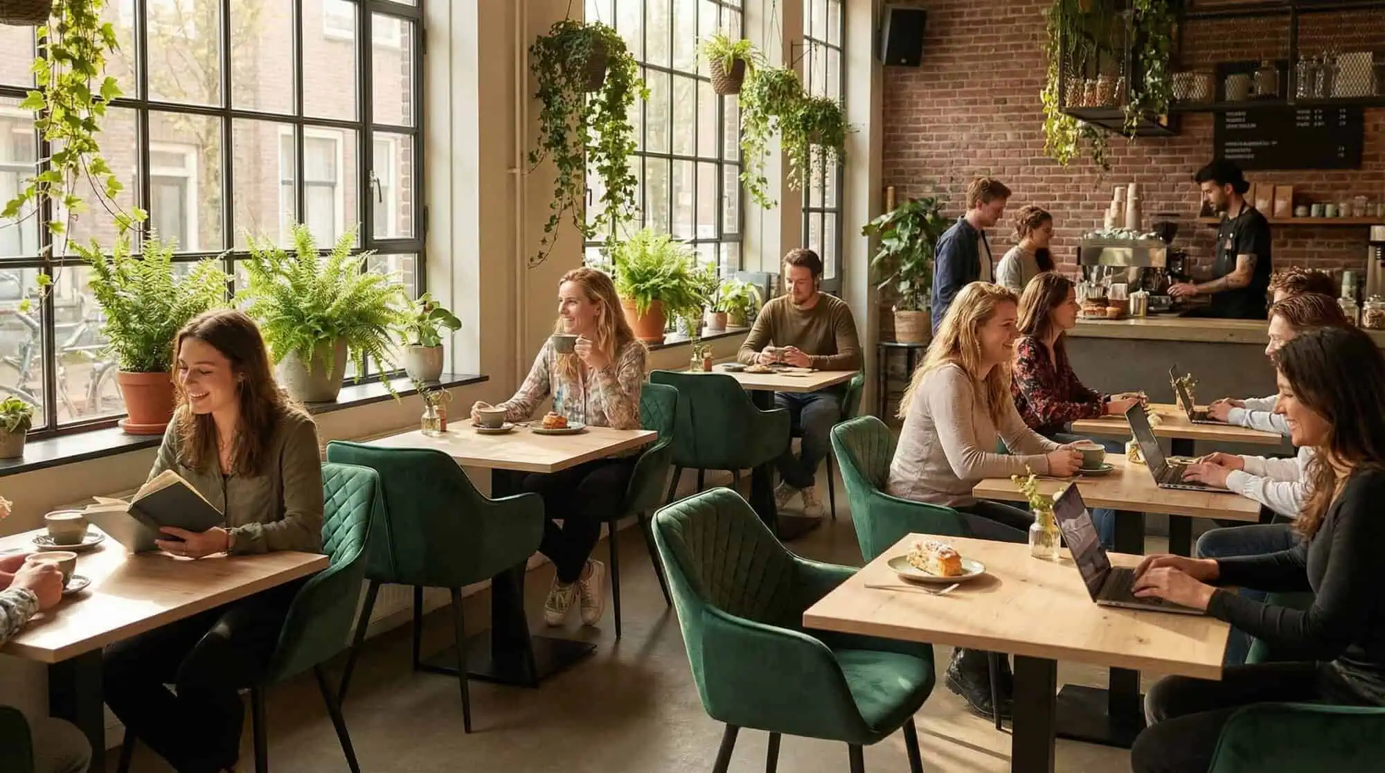 Super-Seat | Groene stoelen, eiken melamine tafelbladen 120x67cm, planten en grote ramen in het café. | Horecameubilair