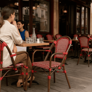Super-Seat | Stoelen, tafels en barkrukken | Rode gevlochten stoelen en metalen tafel op terras, glazen en karaf; lege tafels op de achtergrond. | Horecameubilair