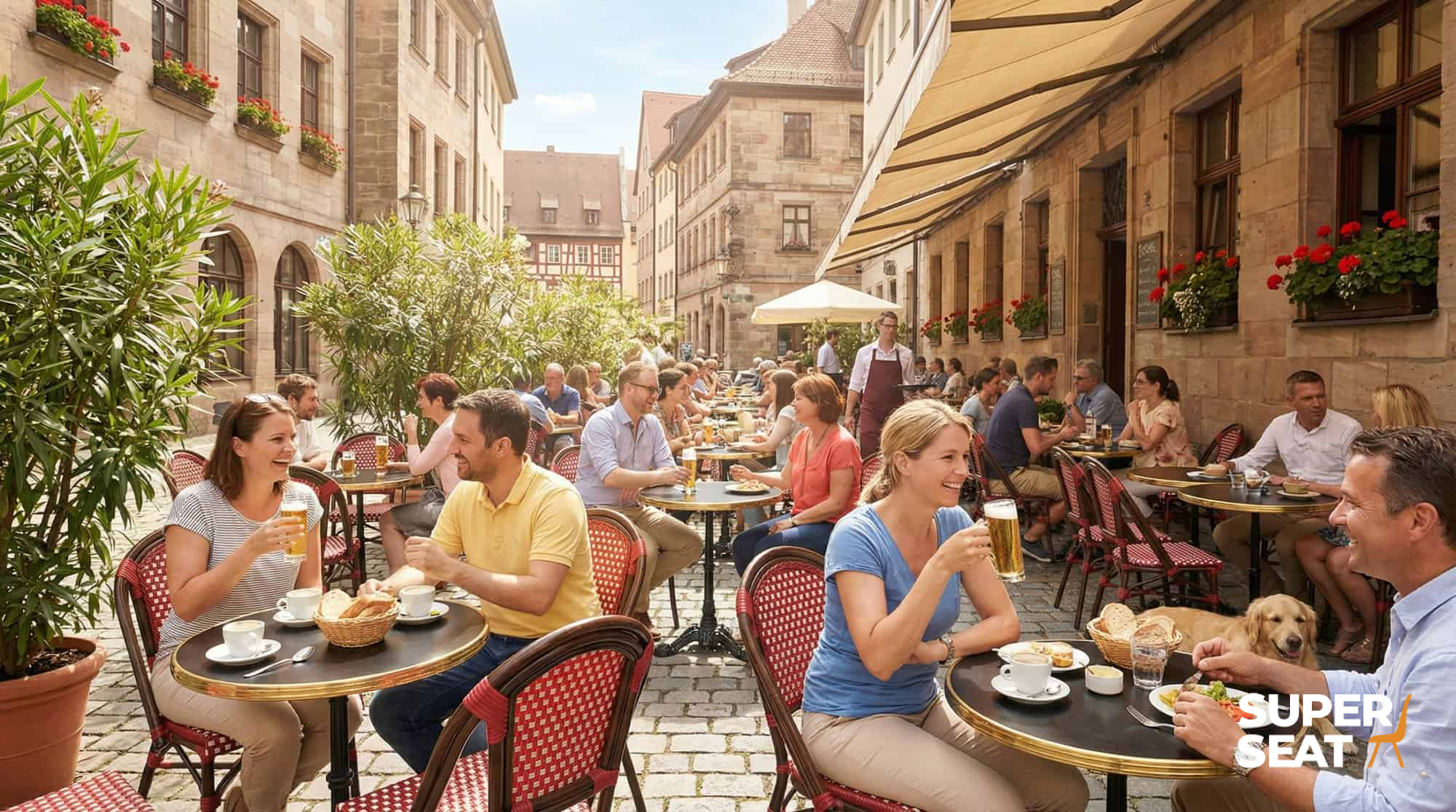 Super-Seat | Geflechtstühle für die Terrasse Café de Paris rot | Rote Geflechtstühle, Metalltische, Barhocker aus Holz auf einem Platz mit Kopfsteinpflaster. | Catering Möbel