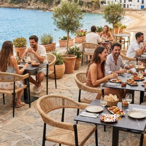 Super-Seat | Terrassenstühle und Tische Stapelstühle aus Korbgeflecht mit Armlehnen aus grauem Kunststoff, mit weißen Tischen auf der Strandterrasse. | Catering Möbel