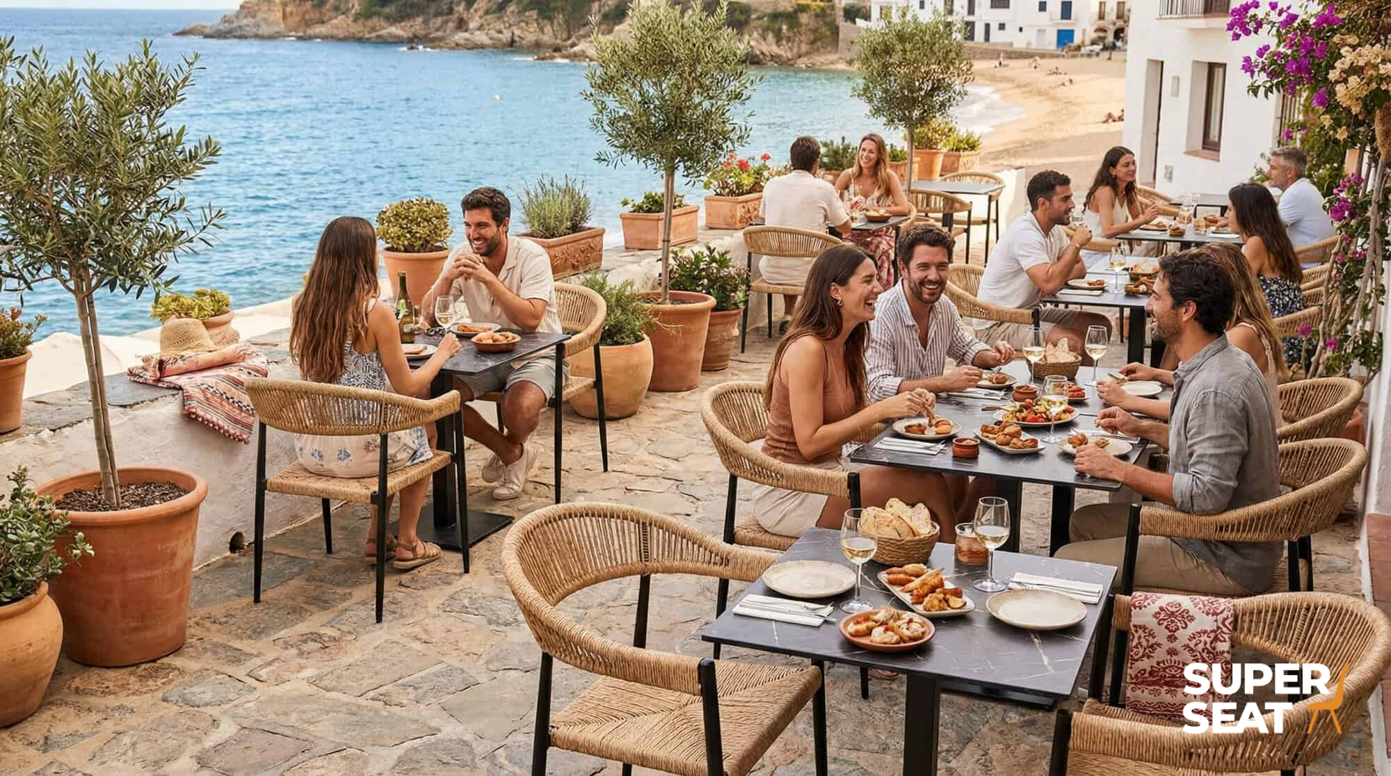 Super-Seat | Terrassenstühle und Tische Stapelstühle aus Korbgeflecht mit Armlehnen aus grauem Kunststoff, mit weißen Tischen auf der Strandterrasse. | Catering Möbel