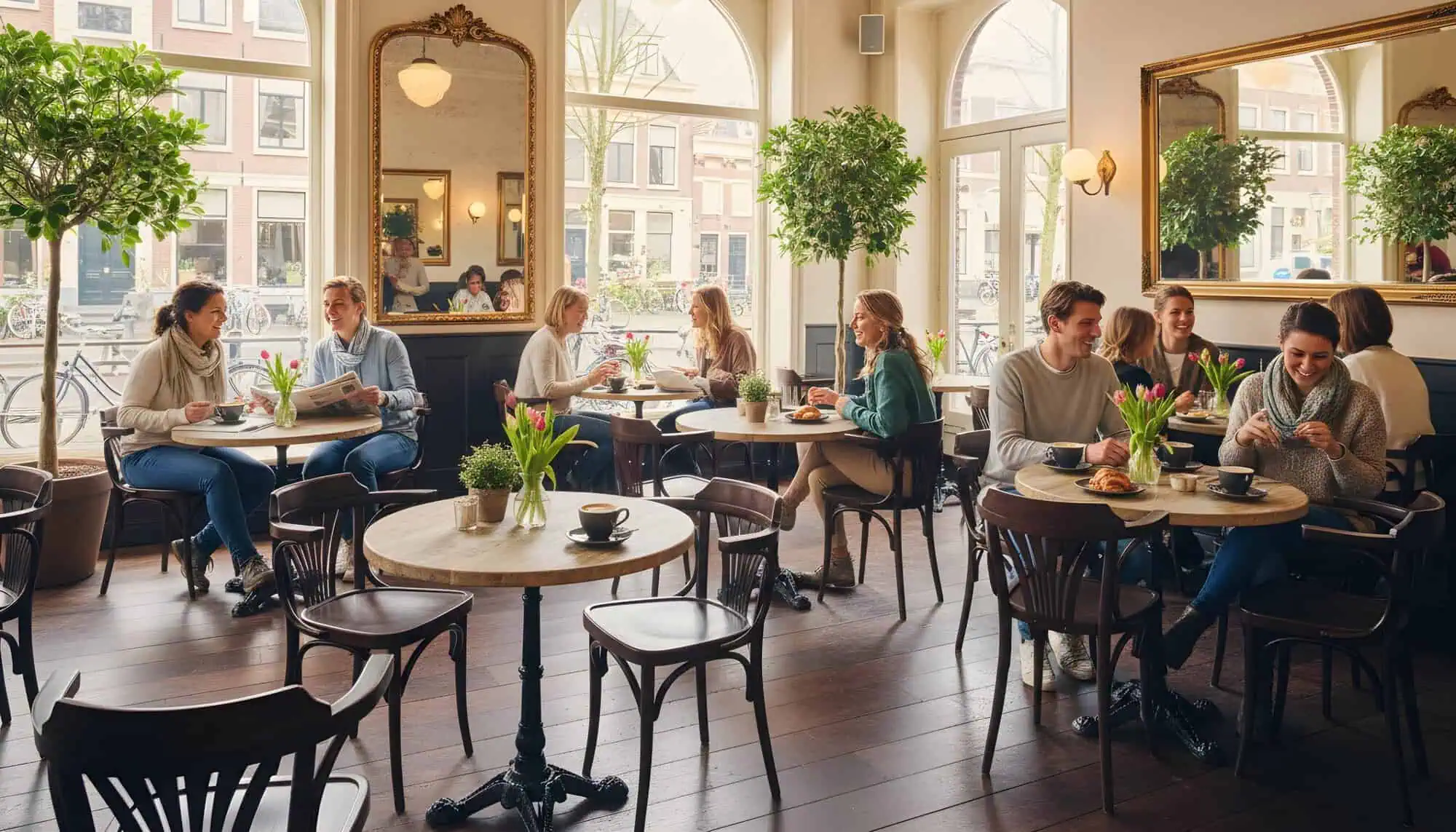 Super-Seat | Große Fenster, Holzboden, alte braune Sessel aus der Thon-Serie, Tische; Licht und Pflanzen im Café. | Catering Möbel