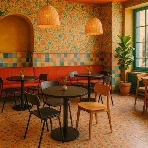 Super-Seat | Eine gemütliche Urban Bistro Café Einrichtung | Zwarte stoelen, ronde melamine tafels, patroontegels, bloemenbehang, rotan lampen. | Horecameubilair