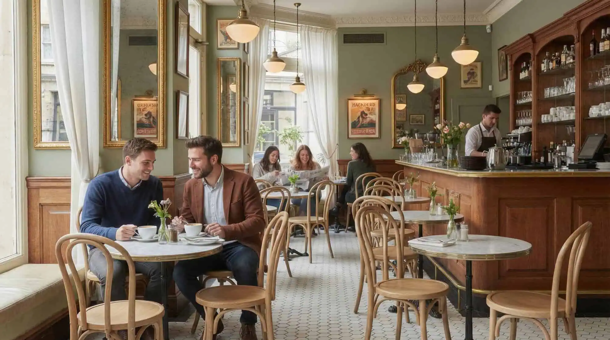 Super-Seat | Was Sie antreffen werden, sind Stühle, Tische, Barhocker, Picknicktische und andere Arten von Tischen und Stühlen | Café mit Marmortischen; Thon-Stapelstühle aus Naturholz; Gäste, die sich am Tisch unterhalten; Barista direkt hinter der Bar. | Catering Möbel