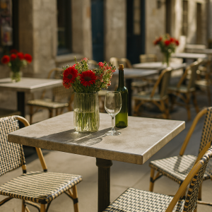 Super-Seat | Werzalit Gastronomie Terrassentischplatten Schiefer 70x70cm | Zwarte schiefer tafel, glazen vaas, rode bloemen; rotan stoelen eromheen. | Horecameubilair