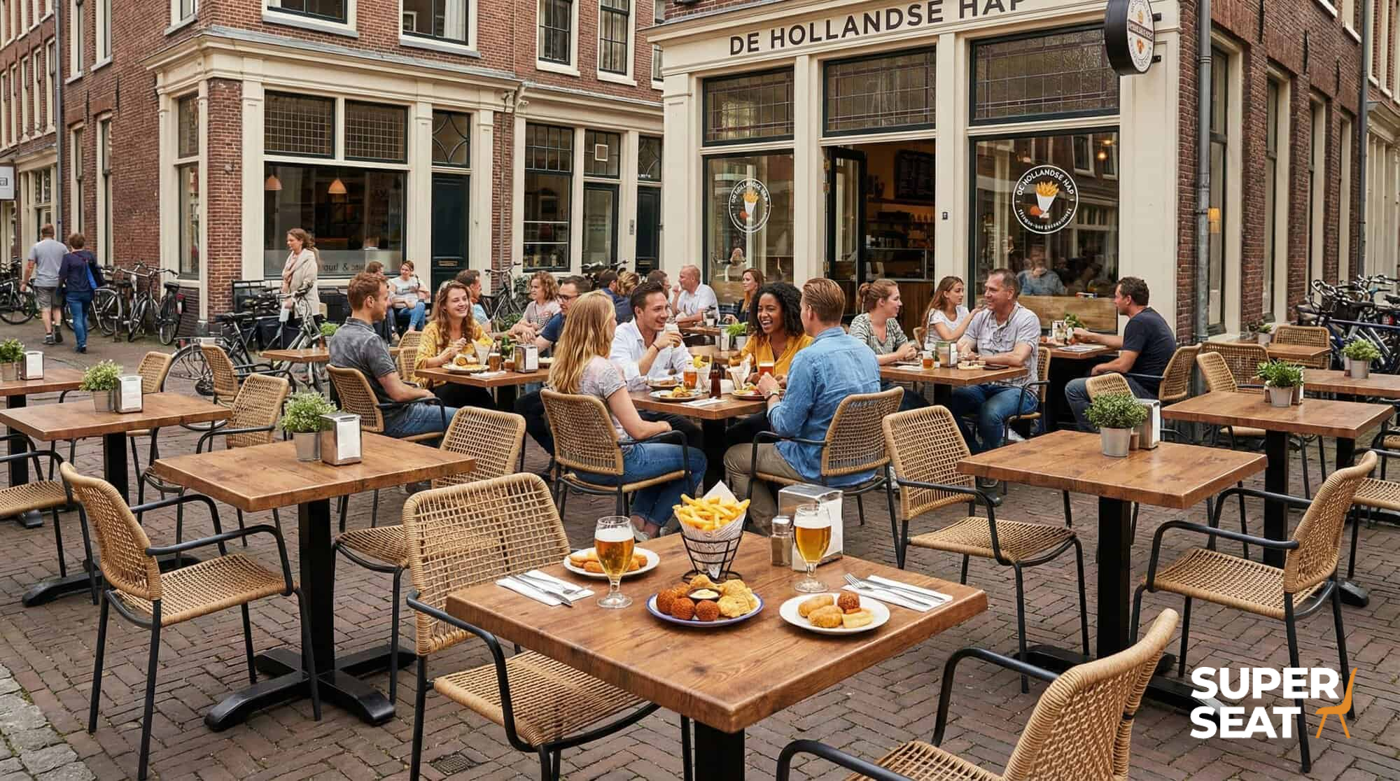 Super-Seat | Hospitality Terrace Table Tops | Tische aus Teakholz, Metallstühle; Essen & Trinken im Freien auf einer rotbraunen Straße mit holländischen Schildern. | Catering Möbel