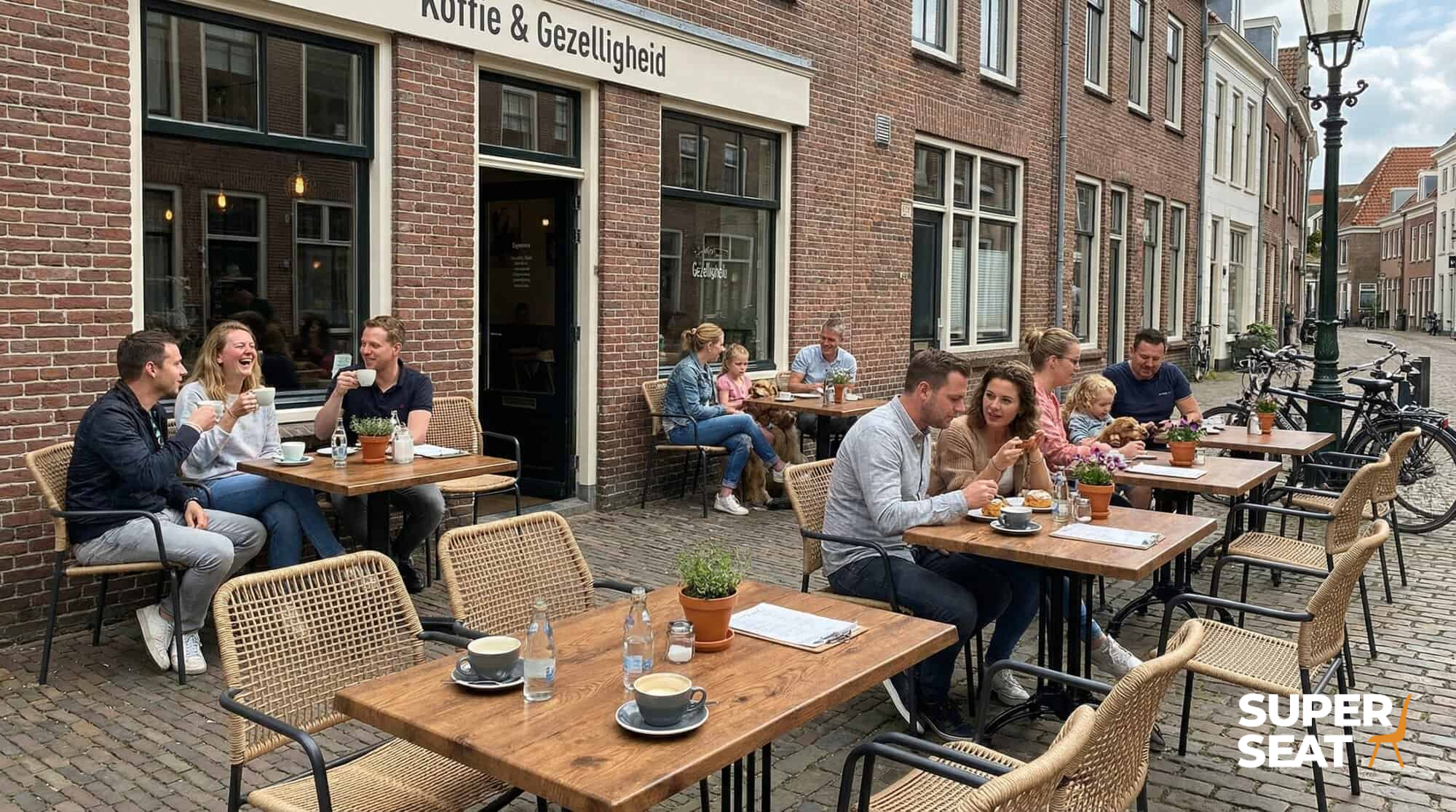 Super-Seat | Wermodin Hospitality-Tische draußen 70x70cm und Holzstühle auf einer Klinkerterrasse in der Nähe des Cafés. | Catering Möbel