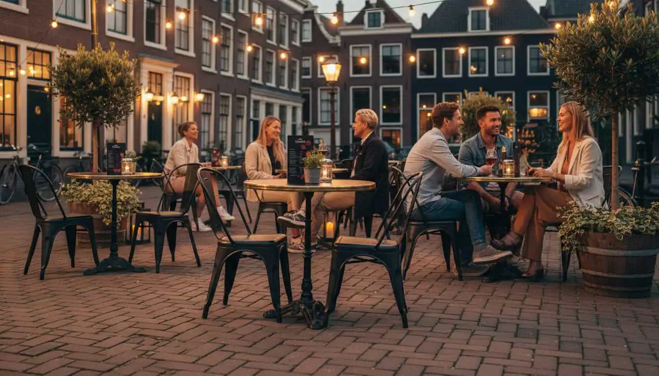 Super-Seat | Wermodin horeca (terras) tafelbladen zwart goud 70cm rond Zwarte-gouden ronde tafels met metalen onderstel op klinkers, omringd door houten stoelen. | Horecameubilair